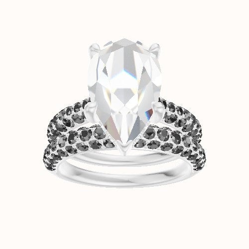 Cathedral Three Row Pave Engagement Ring With V Prong with Hidden Halo Head and Matching Band