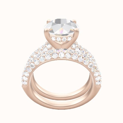 Cathedral Three Row Pave Engagement Ring With V Prong with Hidden Halo Head and Matching Band