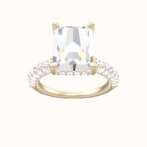 Cathedral Three Row Pave Engagement Ring With V Prong with Hidden Halo Head and Matching Band