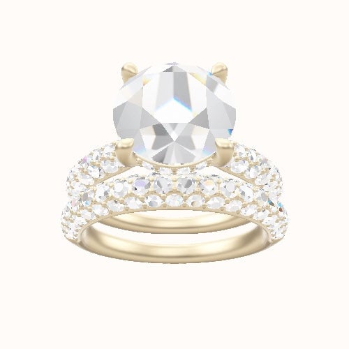 Cathedral Three Row Pave Engagement Ring With V Prong with Hidden Halo Head and Matching Band
