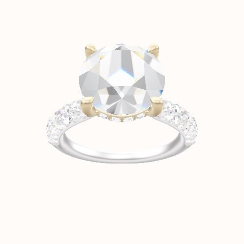 Cathedral Three Row Pave Engagement Ring With V Prong with Hidden Halo Head