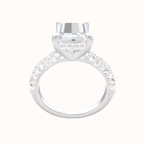 Cathedral Three Row Pave Engagement Ring With V Prong with Hidden Halo Head