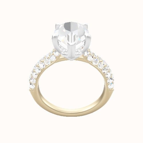 Cathedral Three Row Pave Engagement Ring With V Prong with Hidden Halo Head