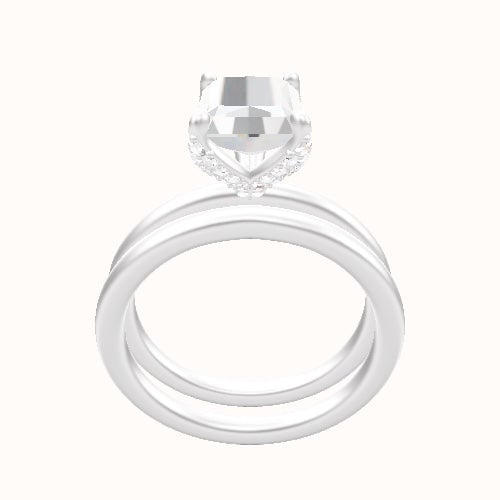Classic Solitaire Engagement Ring With Pave Petal Four Prong Head and Matching Band
