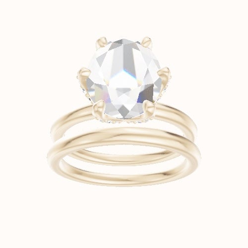 Classic Solitaire Engagement Ring With Pave Petal Six Prong Head and Matching Band