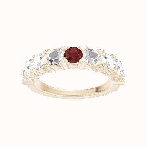 Custom Nine-Stone Round Diamond Wedding Ring with Garnet