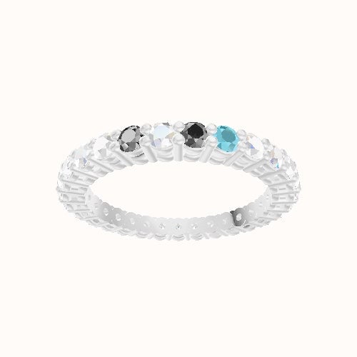Custom Round Shared Prong Lab Diamond Eternity Band with Aquamarine, Black Diamond, Lab Diamond, Black Diamond