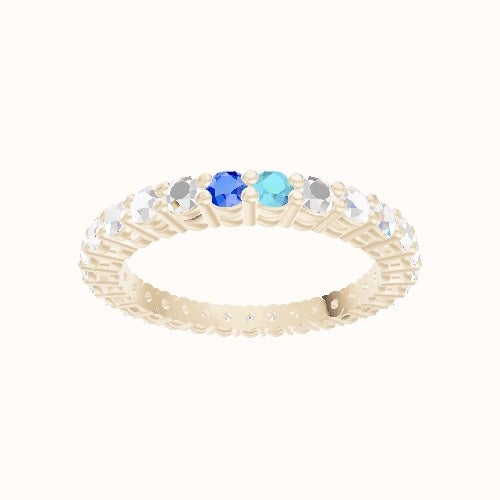 Custom Round Shared Prong Lab Diamond Eternity Band with Aquamarine, Sapphire, Lab Diamond