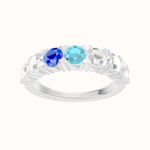 Custom Seven-Stone Round Diamond Wedding Ring with Sapphire, Aquamarine