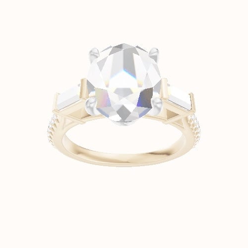 Diamond Band with Baguette Sidestones Engagement Ring With Crown Four Prong w. Surprise Diamond Head