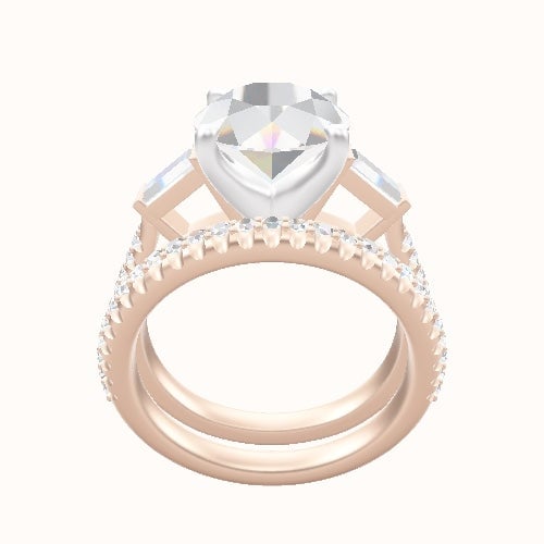 Diamond Band with Baguette Sidestones Engagement Ring With Four Prong Head and Matching Band