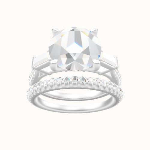 Diamond Band with Baguette Sidestones Engagement Ring With Four Prong Head and Matching Band