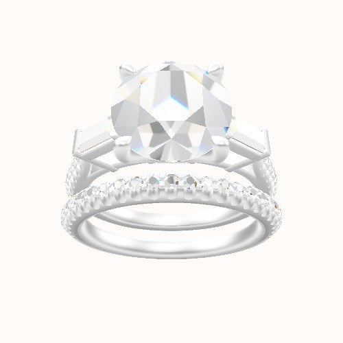 Diamond Band with Baguette Sidestones Engagement Ring With Four Prong Head and Matching Band
