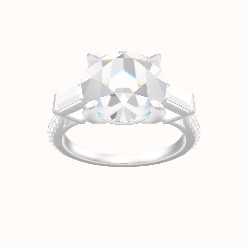 Diamond Band with Baguette Sidestones Engagement Ring With Low Set Four Prong Head