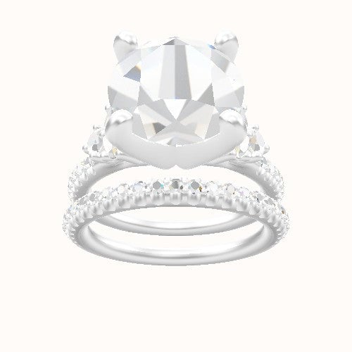 Diamond Band with Marquise & Round Diamond Sidestones Engagement Ring With Classic Four Prong Head and Matching Band