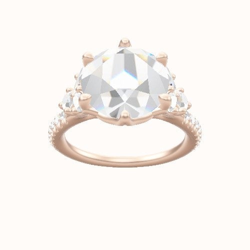 Diamond Band with Marquise & Round Diamond Sidestones Engagement Ring With Crown Six Prong w. accent Diamond Head