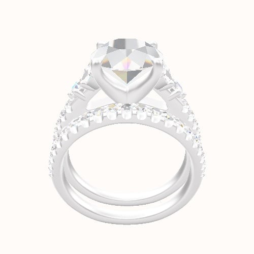 Diamond Band with Marquise & Round Diamond Sidestones Engagement Ring With Four Prong Head and Matching Band