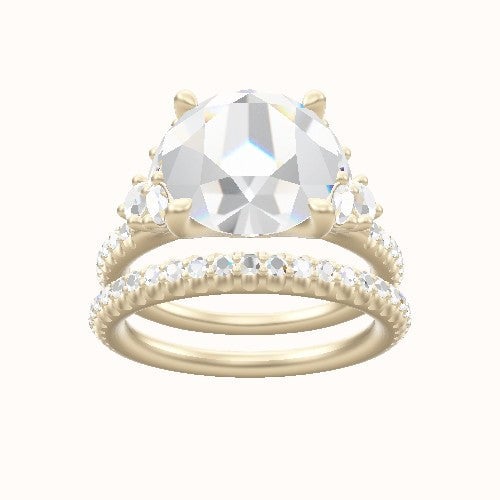 Diamond Band with Marquise & Round Diamond Sidestones Engagement Ring With Four Prong Head and Matching Band