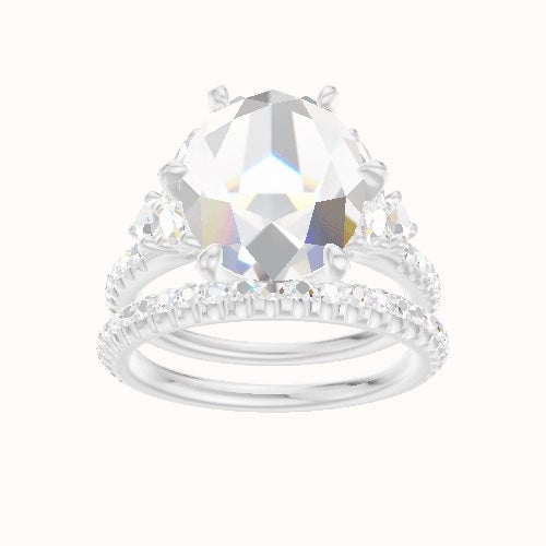 Diamond Band with Marquise & Round Diamond Sidestones Engagement Ring With Petal Six Prong Head and Matching Band