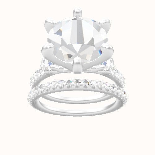 Diamond Band with Round Sidestone Trio Engagement Ring With Classic Six Prong Head and Matching Band