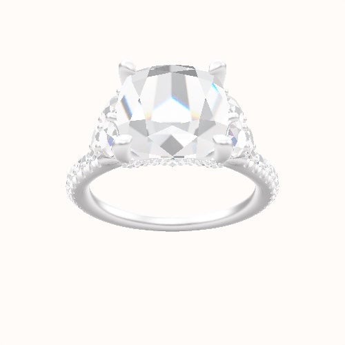 Diamond Band with Round Sidestone Trio Engagement Ring With Pave V Prong Head