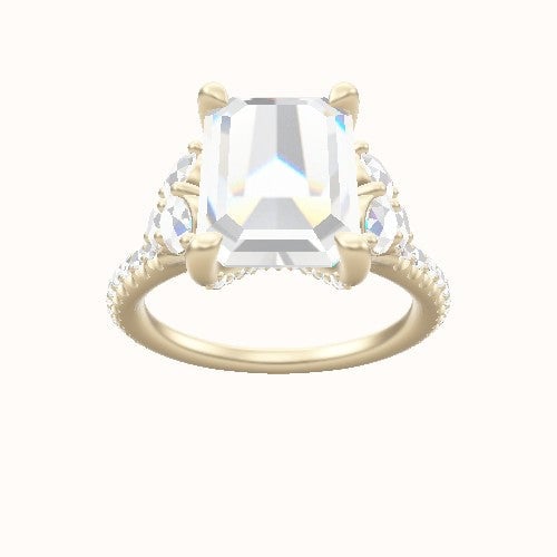 Diamond Band with Round Sidestone Trio Engagement Ring With Pave V Prong Head