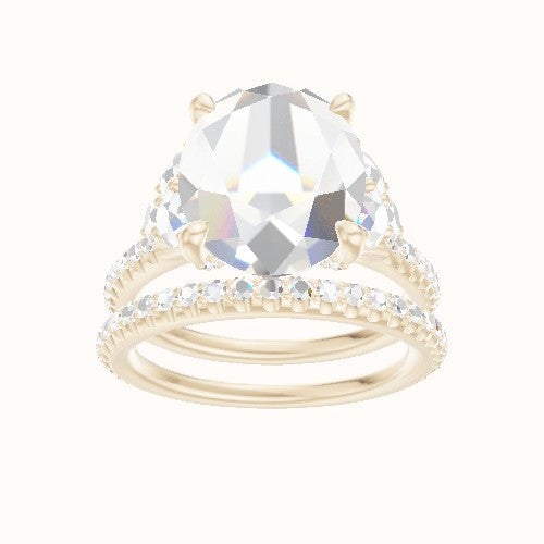Diamond Band with Round Sidestone Trio Engagement Ring With Pave V Prong Head and Matching Band
