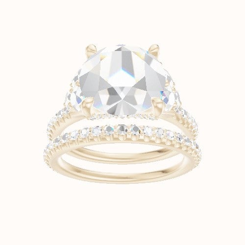 Diamond Band with Round Sidestone Trio Engagement Ring With Pave V Prong Head and Matching Band