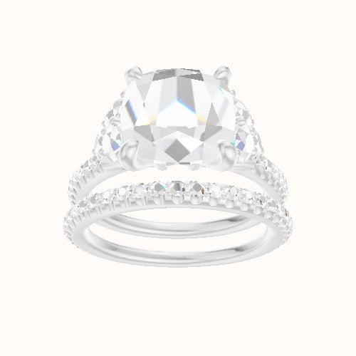 Diamond Band with Round Sidestone Trio Engagement Ring With X Gallery Head and Matching Band