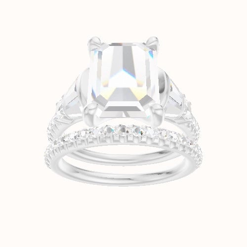 Diamond Band with Triple Tapered Baguettes & Round Sidestones Engagement Ring With Four Prong Head and Matching Band