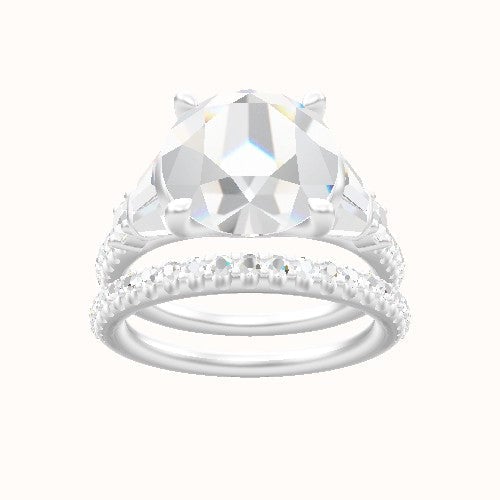 Diamond Band with Triple Tapered Baguettes & Round Sidestones Engagement Ring With Four Prong Head and Matching Band