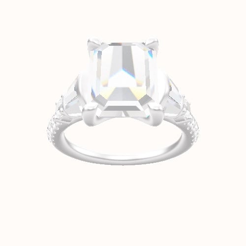 Diamond Band with Triple Tapered Baguettes & Round Sidestones Engagement Ring With Four Prong Head and Matching Band