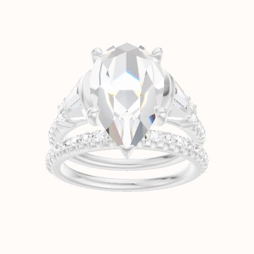 Diamond Band with Triple Tapered Baguettes & Round Sidestones Engagement Ring With Four Prong Head and Matching Band