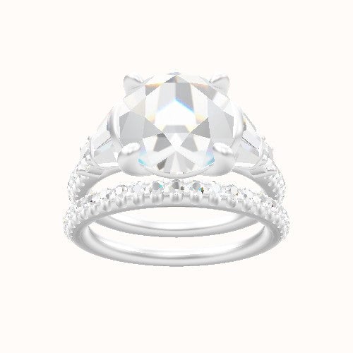 Diamond Band with Triple Tapered Baguettes & Round Sidestones Engagement Ring With Low Set Four Prong Head and Matching Band