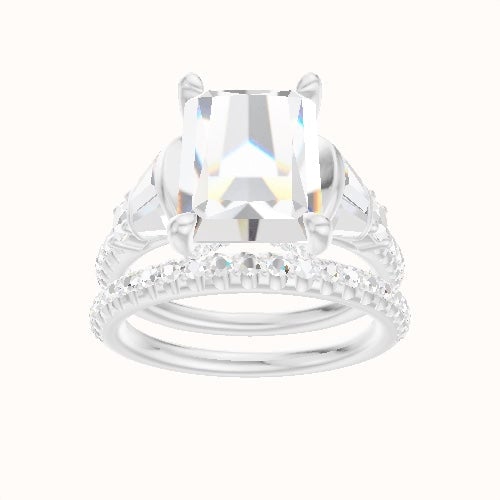 Diamond Band with Triple Tapered Baguettes & Round Sidestones Engagement Ring With Pave V Prong Head and Matching Band