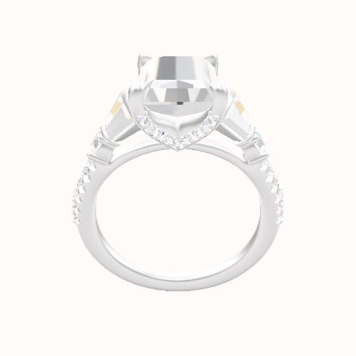 Diamond Band with Triple Tapered Baguettes & Round Sidestones Engagement Ring With Pave V Prong Head