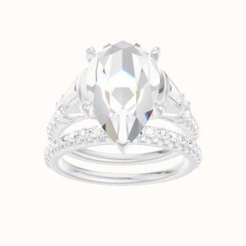 Diamond Band with Triple Tapered Baguettes & Round Sidestones Engagement Ring With Petal Four Prong Head and Matching Band