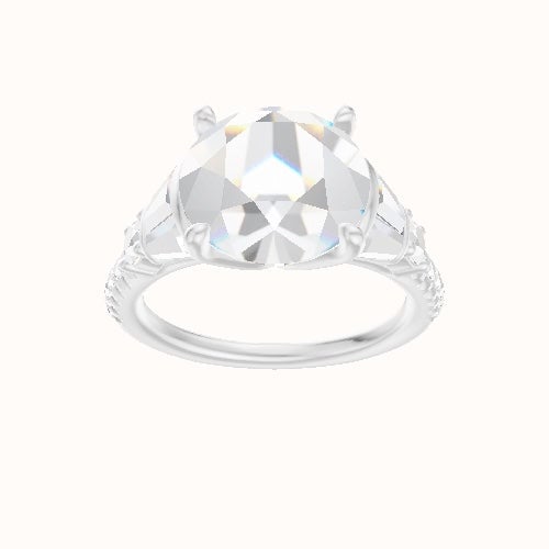 Diamond Band with Triple Tapered Baguettes & Round Sidestones Engagement Ring With Petal Four Prong Head