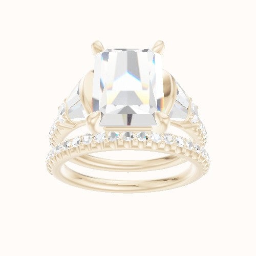 Diamond Band with Triple Tapered Baguettes & Round Sidestones Engagement Ring With Standard Four Prong Head and Matching Band