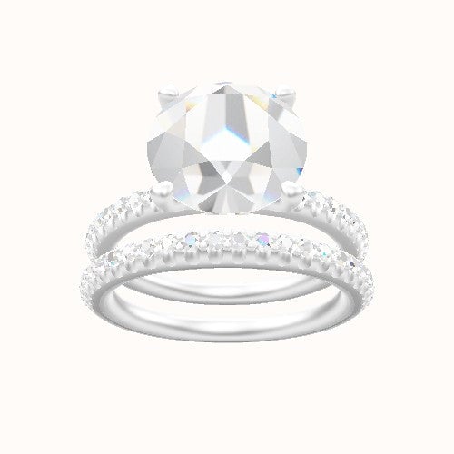 Half Pave Engagement Ring With Accent Diamond Head and Matching Band