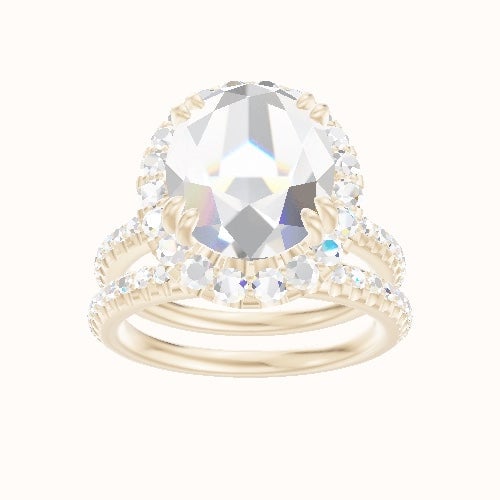 Half Pave Engagement Ring With Halo with Double Prong Head and Matching Band