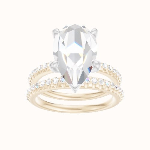 Half Pave Engagement Ring With Low Set Four Prong Head and Matching Band
