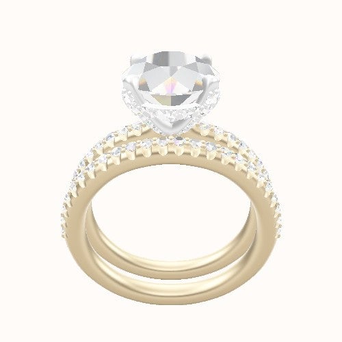 Half Pave Engagement Ring With Pave Basket Head and Matching Band