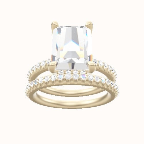 Half Pave Engagement Ring With V Prong with Hidden Halo Head and Matching Band