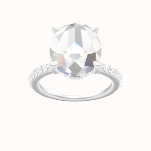 Half Pave Engagement Ring With V Prong with Hidden Halo Head and Matching Band