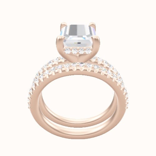 Half Pave Engagement Ring With V Prong with Hidden Halo Head and Matching Band