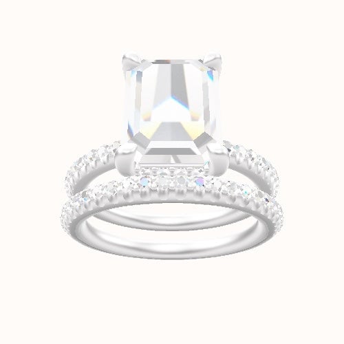 Half Pave Engagement Ring With V Prong with Hidden Halo Head and Matching Band