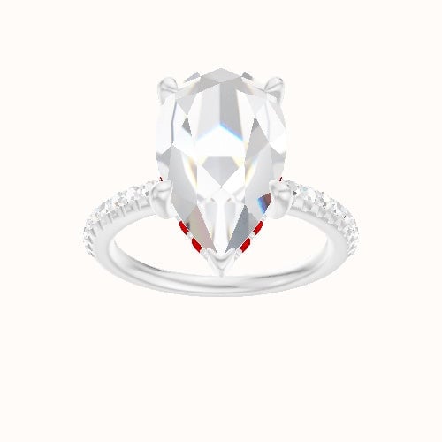 Half Pave Engagement Ring With V Prong with Hidden Halo Head and Matching Band