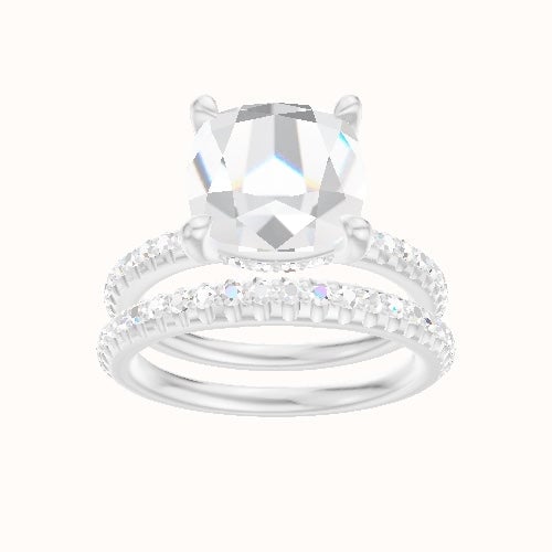 Half Pave Engagement Ring With V Prong with Hidden Halo Head and Matching Band