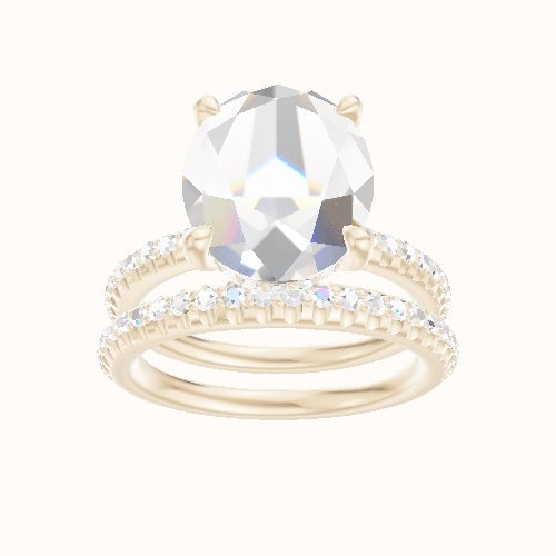 Half Pave Engagement Ring With V Prong with Hidden Halo Head and Matching Band